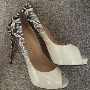 Christian Louboutin White Patent Peep-Toe Pumps with Snake-Print Heel